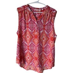 Violet + Claire Pink Orange Medallion Print Sleeveless Split Neck Blouse XL